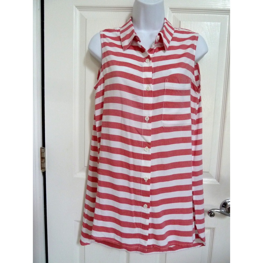 Beachlunchlounge Red White Striped Sleeveless Tunic Blouse Medium Coastal Beach